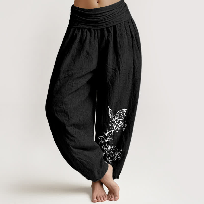 Buddha Stones Pantalones harem de algodón puro con estampado floral de mariposas para mujer con cintura elástica. - Negro - US16，UK/AU20，EU48 (3XL) - image 5