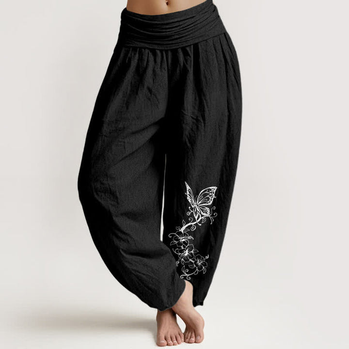 Buddha Stones Pantalones harem de algodón puro con estampado floral de mariposas para mujer con cintura elástica. - Negro - US16，UK/AU20，EU48 (3XL) - image 5