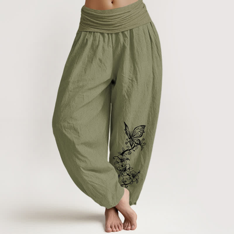 Buddha Stones Pantalones harem de algodón puro con estampado floral de mariposas para mujer con cintura elástica. - Verde oliva - US16，UK/AU20，EU48 (3XL) - image 11