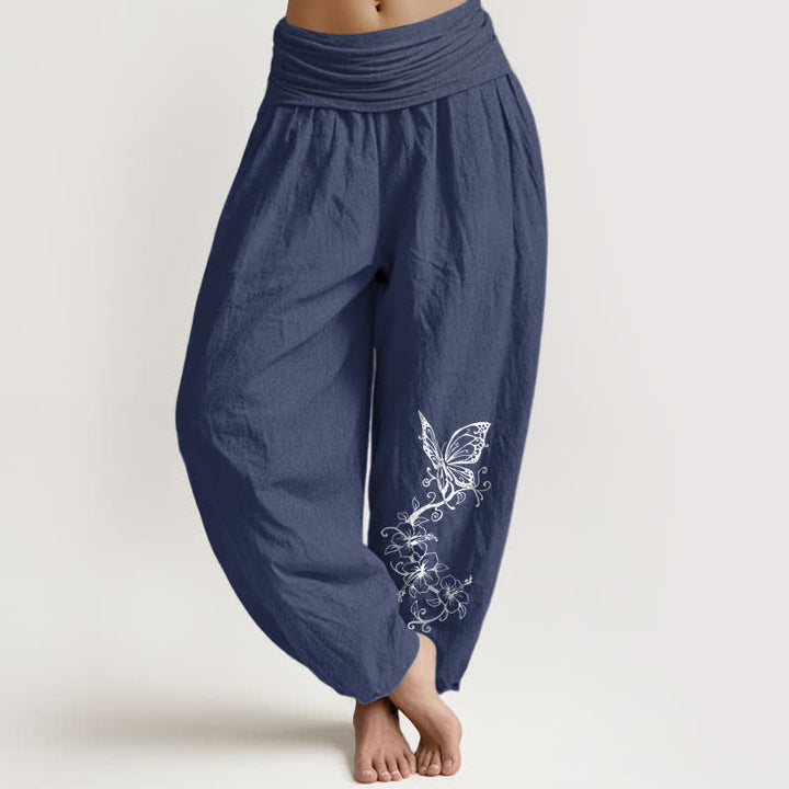 Buddha Stones Pantalones harem de algodón puro con estampado floral de mariposas para mujer con cintura elástica. - Azul pizarra oscuro - US16，UK/AU20，EU48 (3XL) - image 0