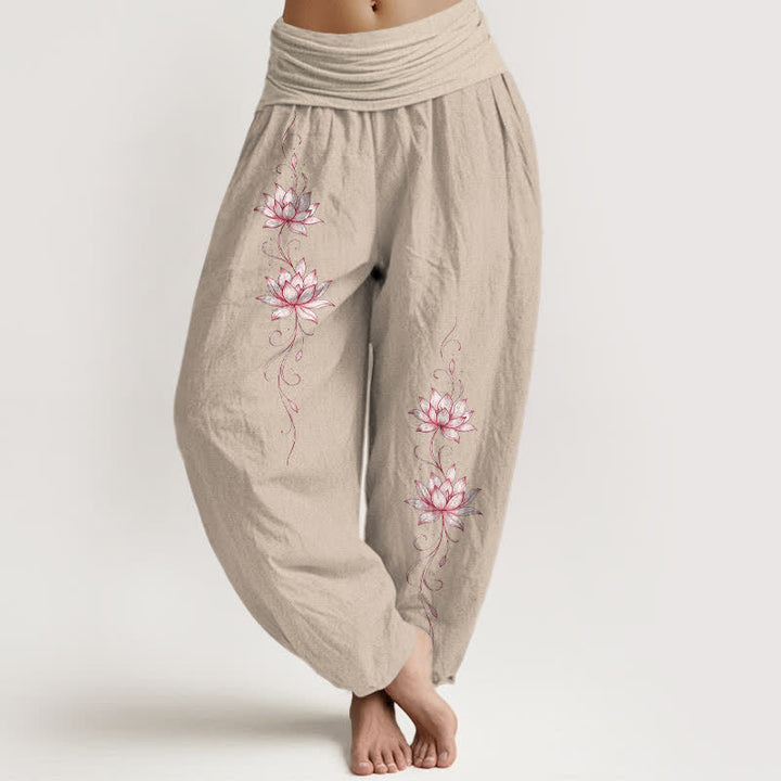 Buddha Stones Pantalones harem de mujer con cintura elástica y estampado de flor de loto, de algodón puro. - Broncearse - US16，UK/AU20，EU48 (3XL) - image 14