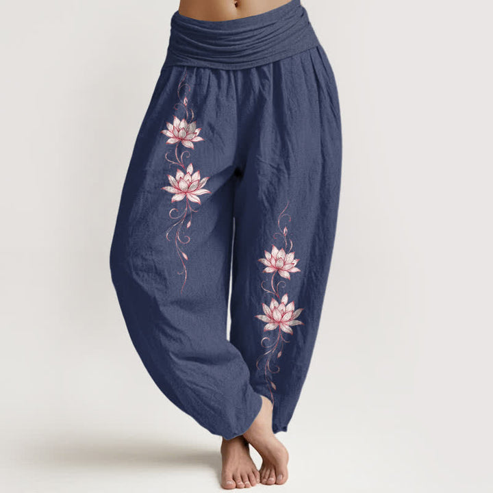 Buddha Stones Pantalones harem de mujer con cintura elástica y estampado de flor de loto, de algodón puro. - Azul pizarra oscuro - US16，UK/AU20，EU48 (3XL) - image 5