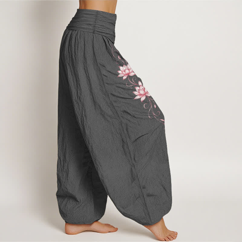Buddha Stones Pantalones harem de mujer con cintura elástica y estampado de flor de loto, de algodón puro. - image 10