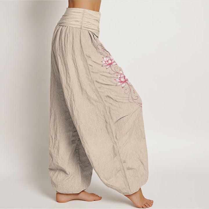 Buddha Stones Pantalones harem de mujer con cintura elástica y estampado de flor de loto, de algodón puro. - image 16