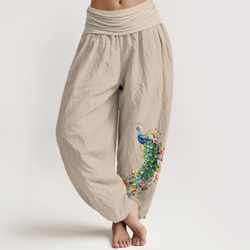 Buddha Stones Pantalones harem de mujer con cintura elástica y estampado floral de pavo real, de algodón puro. - Broncearse - US16，UK/AU20，EU48 (3XL) - image 14