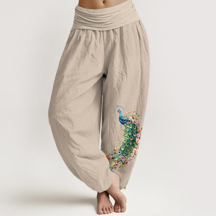 Buddha Stones Pantalones harem de mujer con cintura elástica y estampado floral de pavo real, de algodón puro. - Broncearse - US16，UK/AU20，EU48 (3XL) - image 14