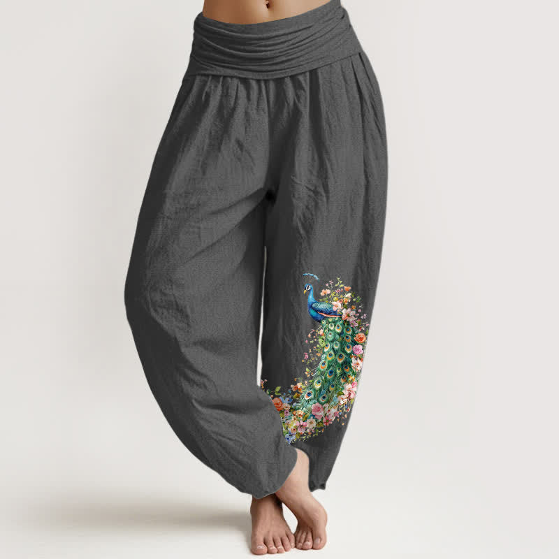 Buddha Stones Pantalones harem de mujer con cintura elástica y estampado floral de pavo real, de algodón puro. - Gris oscuro - US16，UK/AU20，EU48 (3XL) - image 8