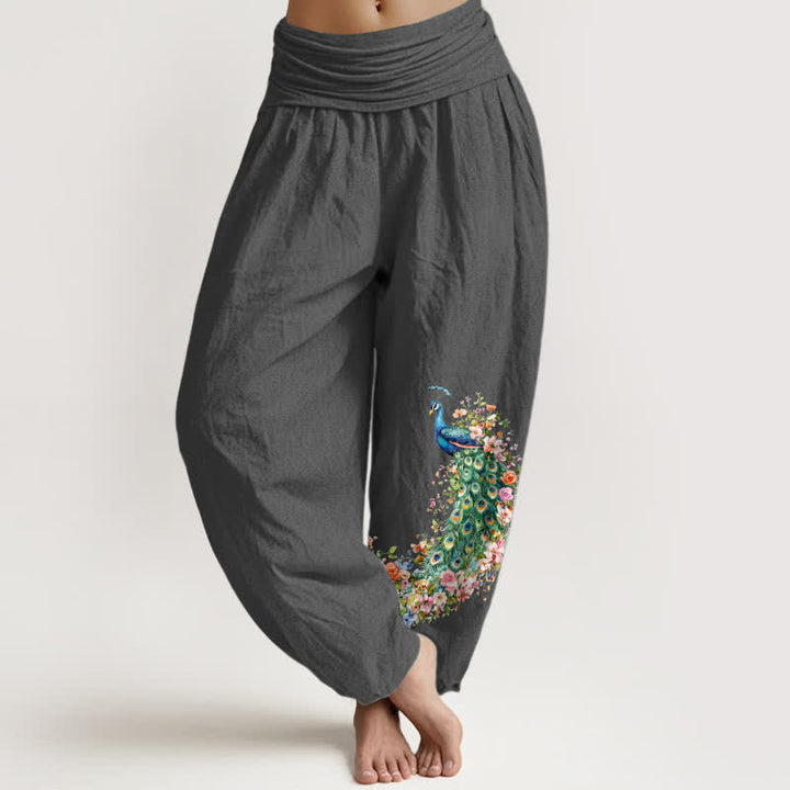 Buddha Stones Pantalones harem de mujer con cintura elástica y estampado floral de pavo real, de algodón puro. - Gris oscuro - US16，UK/AU20，EU48 (3XL) - image 8