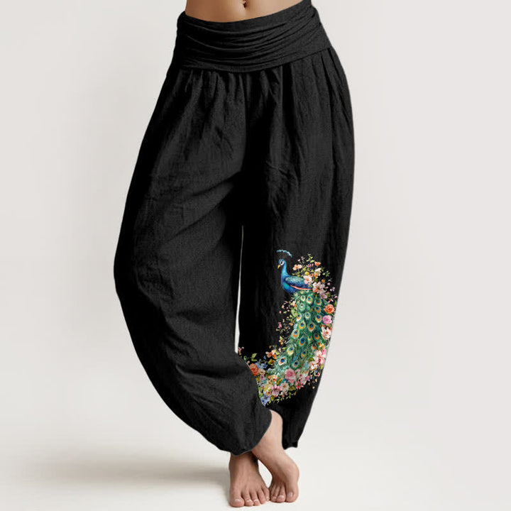 Buddha Stones Pantalones harem de mujer con cintura elástica y estampado floral de pavo real, de algodón puro. - Negro - US16，UK/AU20，EU48 (3XL) - image 0