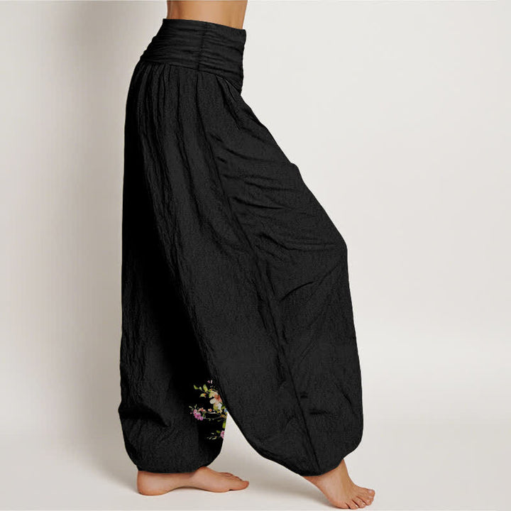 Buddha Stones Pantalones harem de mujer con cintura elástica y estampado floral de pavo real, de algodón puro. - image 2