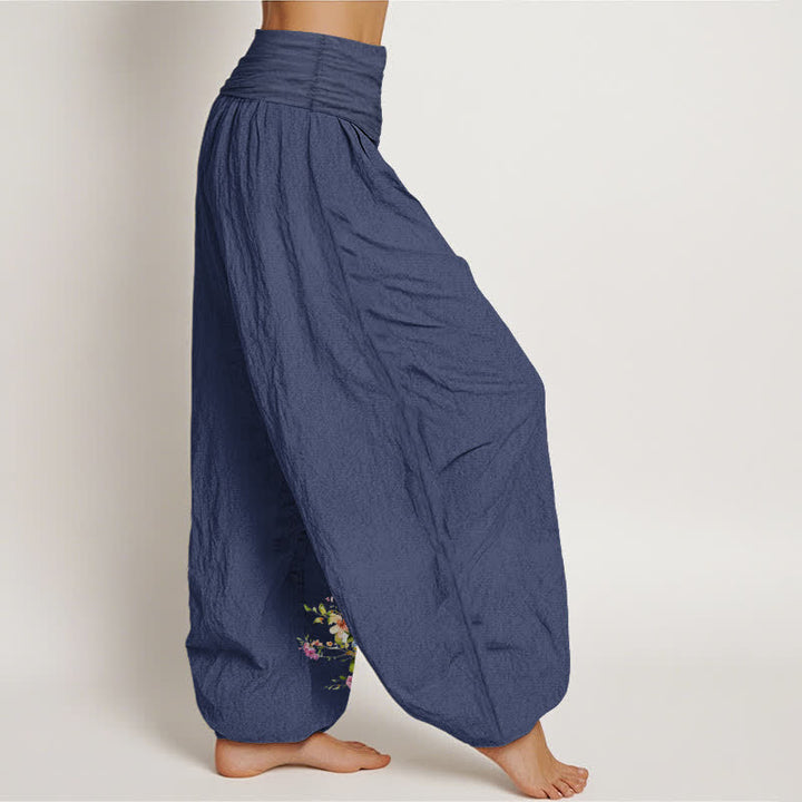 Buddha Stones Pantalones harem de mujer con cintura elástica y estampado floral de pavo real, de algodón puro. - image 7