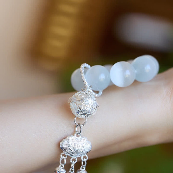 Buddha Stones Adornos de cuentas táctiles para meditación Ruyi con forma de campana de ojo de gato blanco - image 5