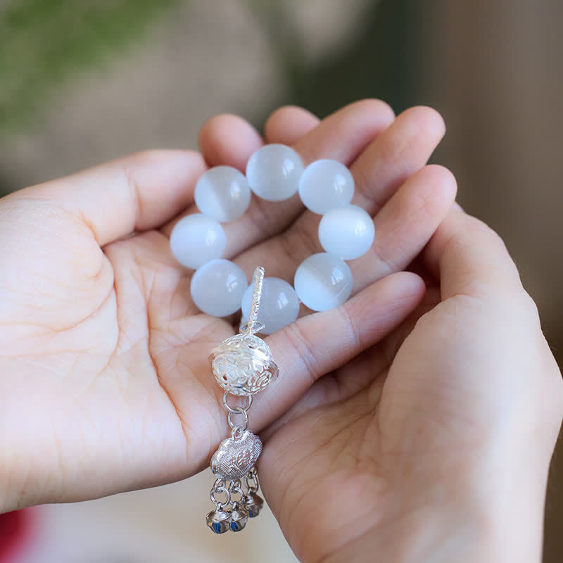 Buddha Stones Adornos de cuentas táctiles para meditación Ruyi con forma de campana de ojo de gato blanco - image 3