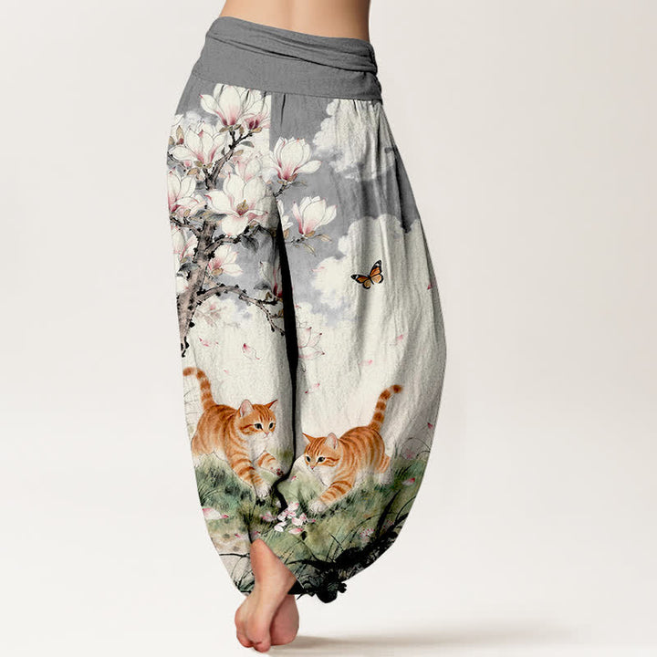 Buddha Stones Pantalones harem de mujer con cintura elástica y estampado de gatos atigrados naranjas Magnolia, de algodón puro. - image 6