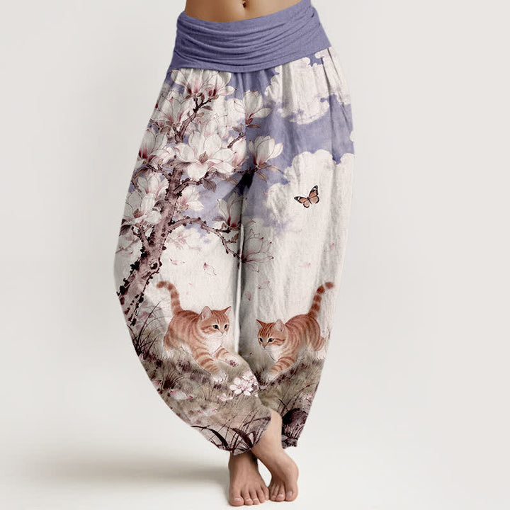 Buddha Stones Pantalones harem de mujer con cintura elástica y estampado de gatos atigrados naranjas Magnolia, de algodón puro. - Lavanda - US16，UK/AU20，EU48 (3XL) - image 8