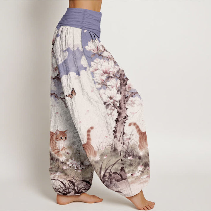 Buddha Stones Pantalones harem de mujer con cintura elástica y estampado de gatos atigrados naranjas Magnolia, de algodón puro. - image 10