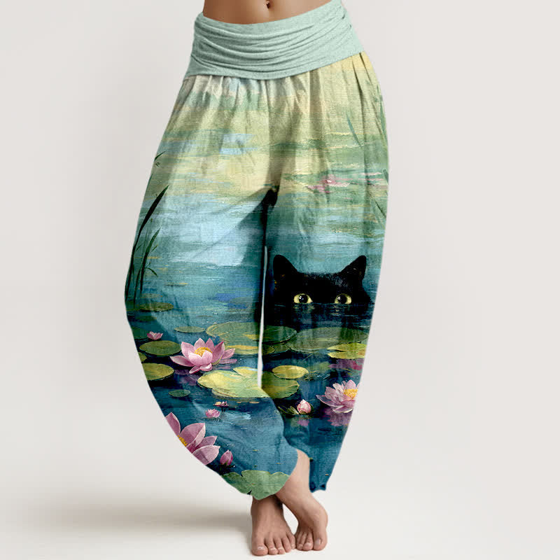 Buddha Stones Pantalones harem de mujer con cintura elástica y estampado de gato y loto de algodón. - Turquesa medio - US16，UK/AU20，EU48 (3XL) - image 0