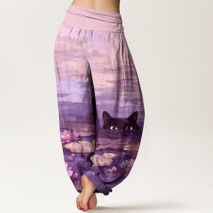Buddha Stones Pantalones harem de mujer con cintura elástica y estampado de gato y loto de algodón. - image 6