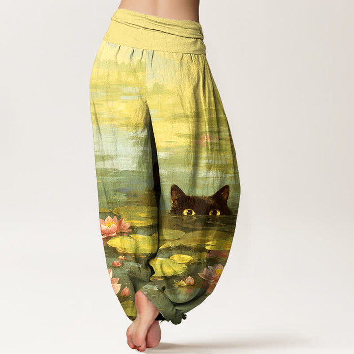 Buddha Stones Pantalones harem de mujer con cintura elástica y estampado de gato y loto de algodón. - image 9