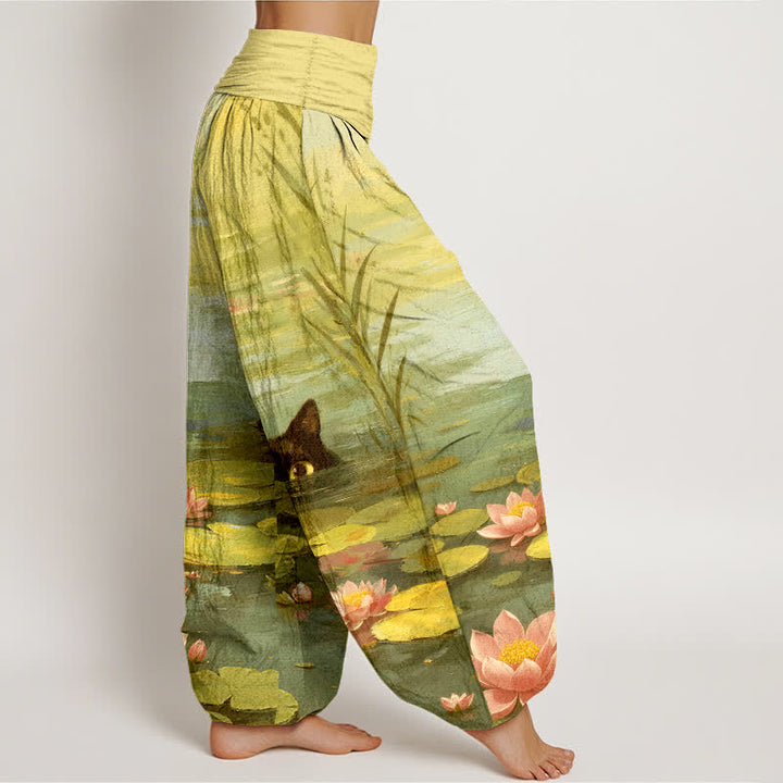 Buddha Stones Pantalones harem de mujer con cintura elástica y estampado de gato y loto de algodón. - image 10