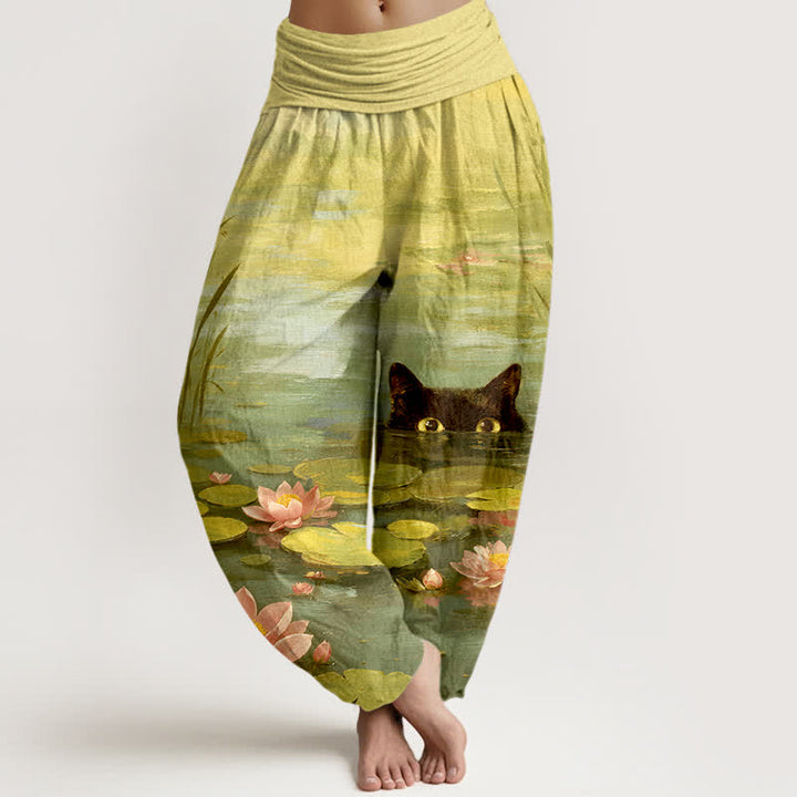 Buddha Stones Pantalones harem de mujer con cintura elástica y estampado de gato y loto de algodón. - Verde amarillento - US16，UK/AU20，EU48 (3XL) - image 8