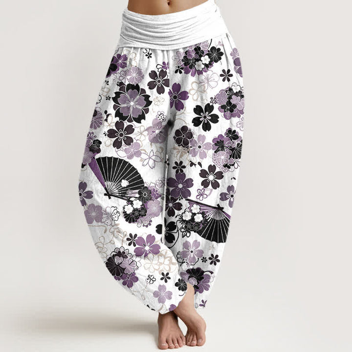 Buddha Stones Pantalones harem de mujer con cintura elástica y estampado floral de flores de cerezo en algodón. - Cardo - US16，UK/AU20，EU48 (3XL) - image 0