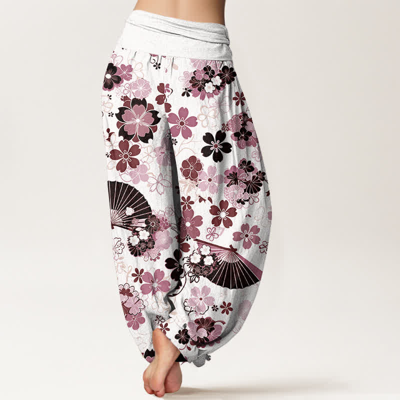 Buddha Stones Pantalones harem de mujer con cintura elástica y estampado floral de flores de cerezo en algodón. - image 6