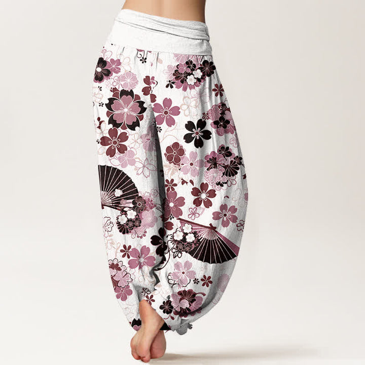 Buddha Stones Pantalones harem de mujer con cintura elástica y estampado floral de flores de cerezo en algodón. - image 6