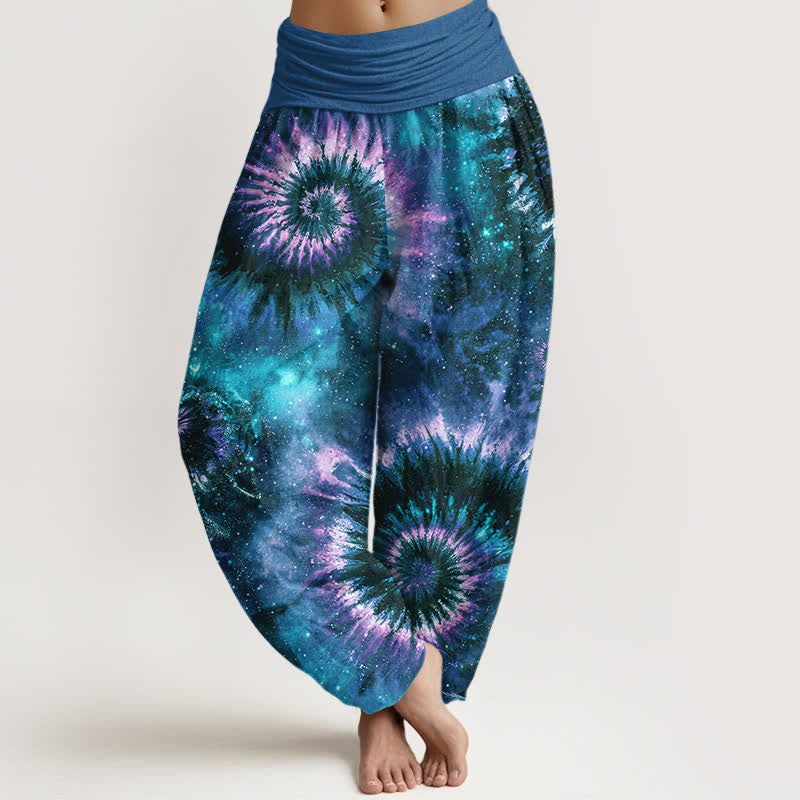 Buddha Stones Pantalones harem de mujer con cintura elástica y estampado espiral cósmico de algodón puro para mujer - Azul acero - US16，UK/AU20，EU48 (3XL) - image 8
