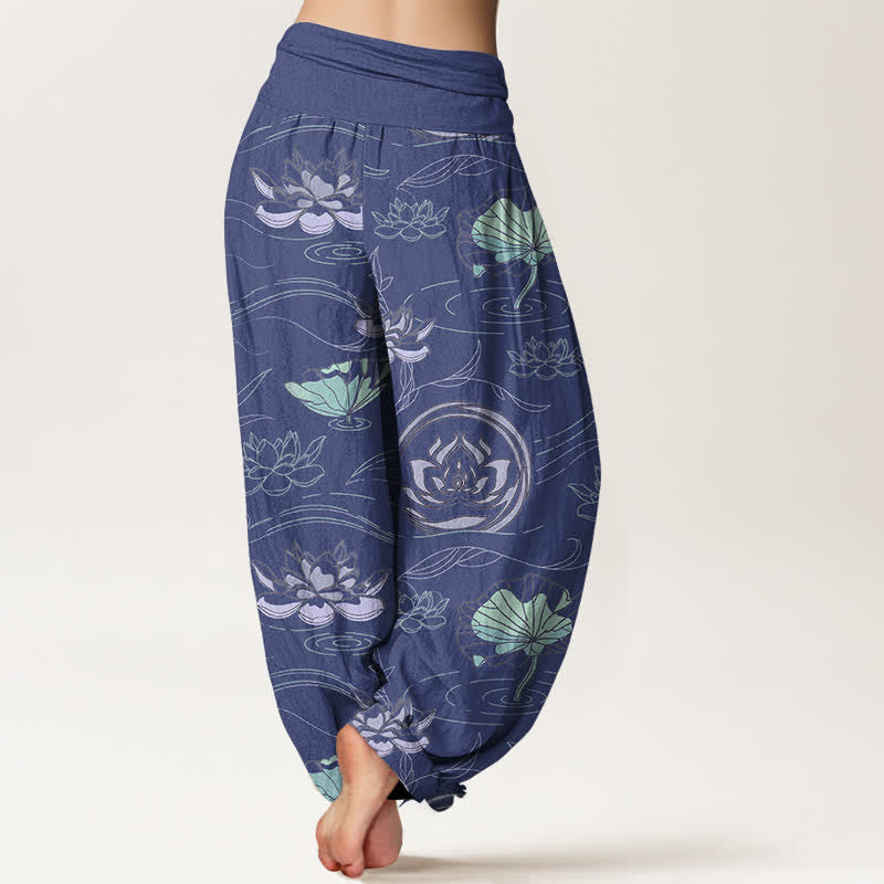 Buddha Stones Pantalones harem de mujer con cintura elástica y estampado de ondas de loto de algodón. - image 1