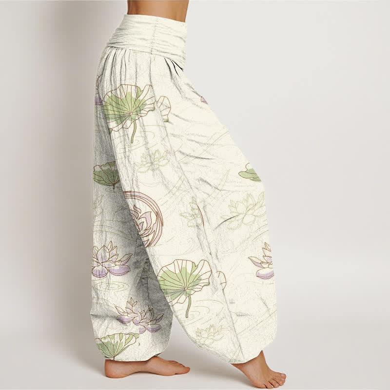 Buddha Stones Pantalones harem de mujer con cintura elástica y estampado de ondas de loto de algodón. - image 7