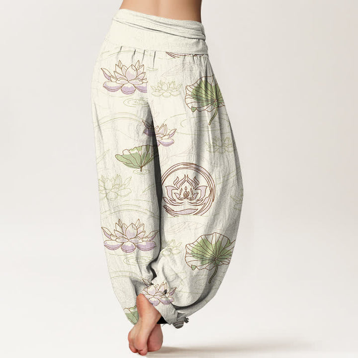 Buddha Stones Pantalones harem de mujer con cintura elástica y estampado de ondas de loto de algodón. - image 6