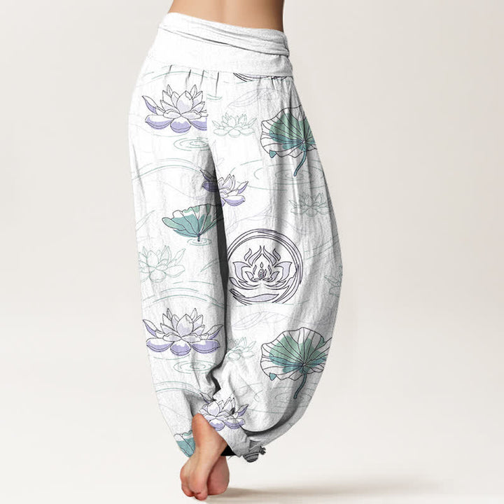 Buddha Stones Pantalones harem de mujer con cintura elástica y estampado de ondas de loto de algodón. - image 9