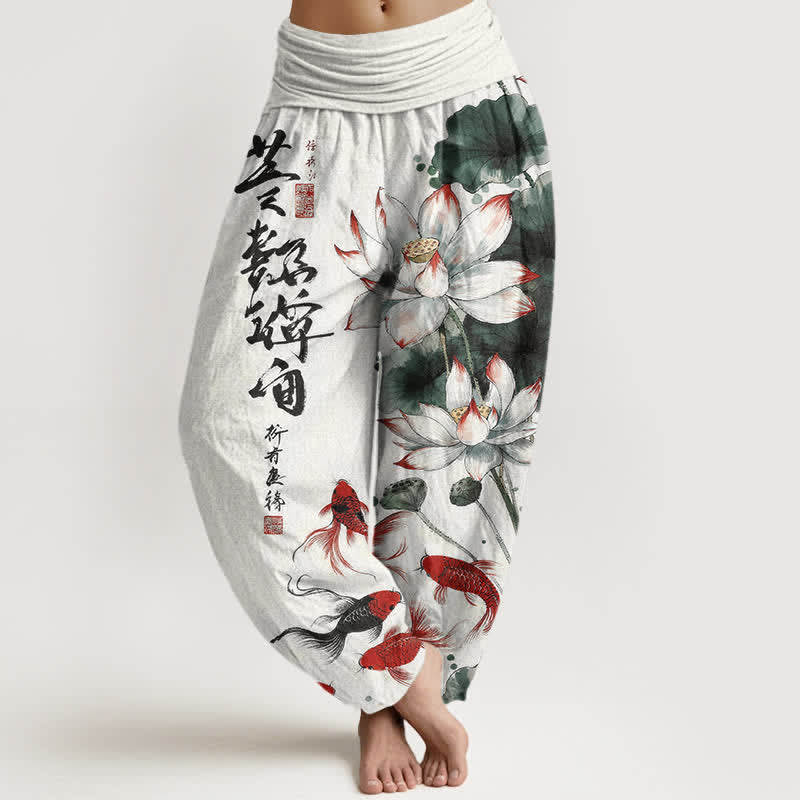 Buddha Stones Pantalones harem de mujer con cintura elástica y estampado de caligrafía en tinta de pez koi rojo y loto de algodón. - Blanco floral - US16，UK/AU20，EU48 (3XL) - image 0