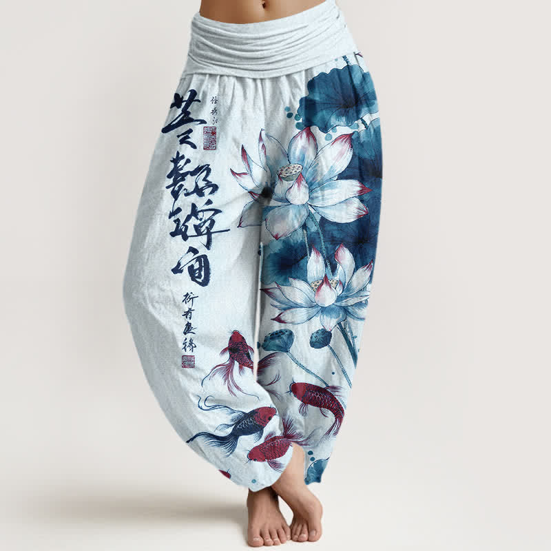Buddha Stones Pantalones harem de mujer con cintura elástica y estampado de caligrafía en tinta de pez koi rojo y loto de algodón. - Azul claro - US16，UK/AU20，EU48 (3XL) - image 5