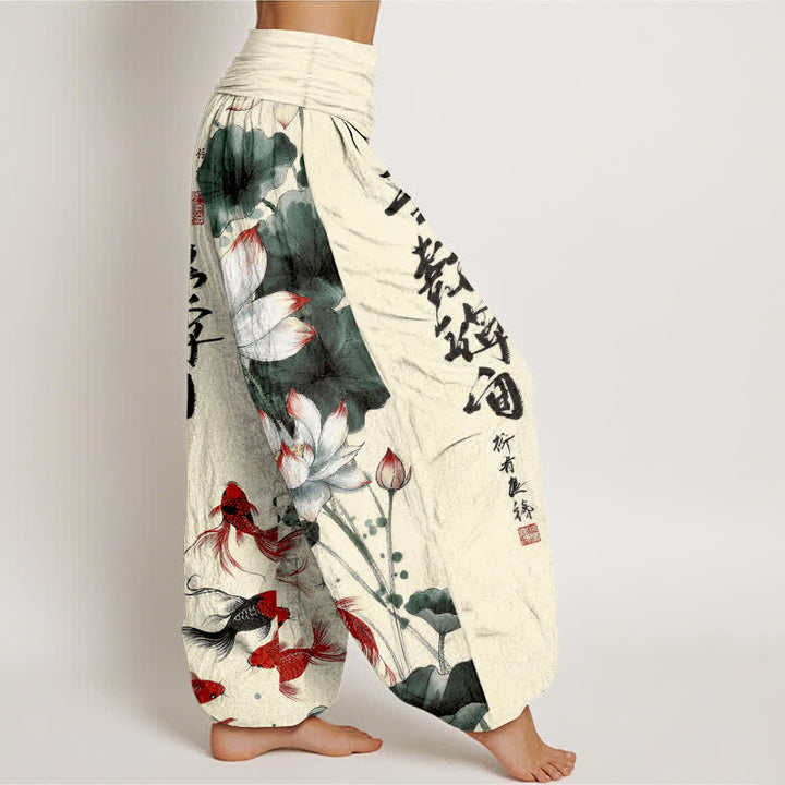 Buddha Stones Pantalones harem de mujer con cintura elástica y estampado de caligrafía en tinta de pez koi rojo y loto de algodón. - image 10