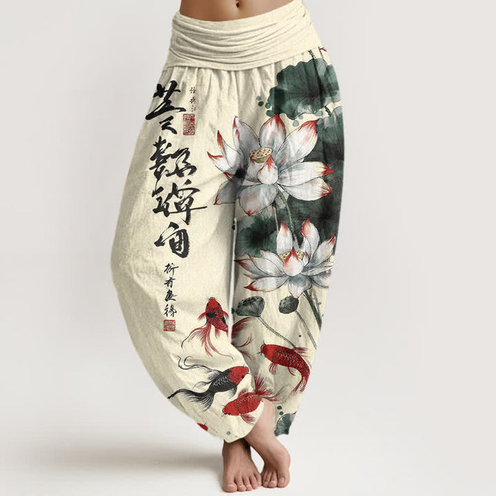 Buddha Stones Pantalones harem de mujer con cintura elástica y estampado de caligrafía en tinta de pez koi rojo y loto de algodón. - seda de maíz - US16，UK/AU20，EU48 (3XL) - image 8
