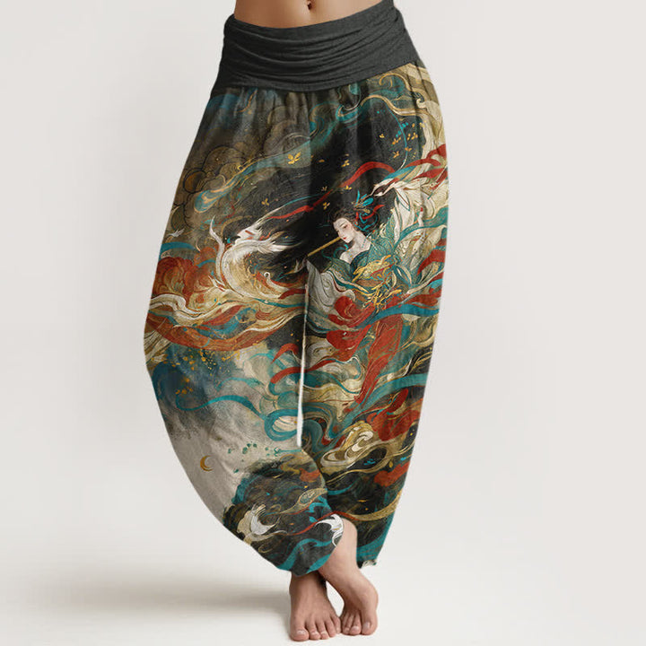Buddha Stones Pantalones harem de algodón Dunhuang con estampado oriental de nubes y cintura elástica para mujer. - Negro - US16，UK/AU20，EU48 (3XL) - image 0