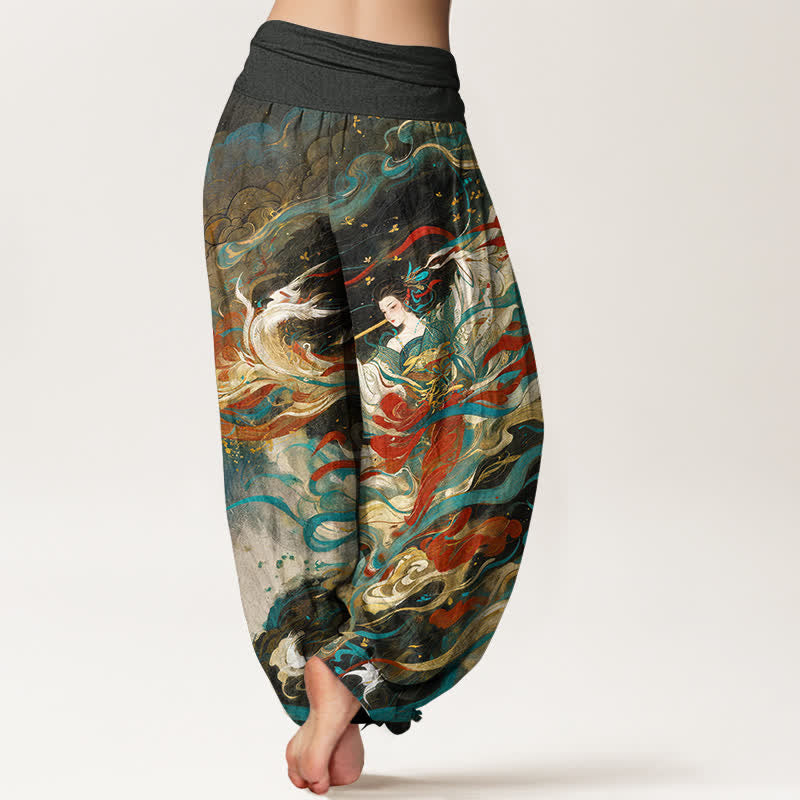 Buddha Stones Pantalones harem de algodón Dunhuang con estampado oriental de nubes y cintura elástica para mujer. - image 1