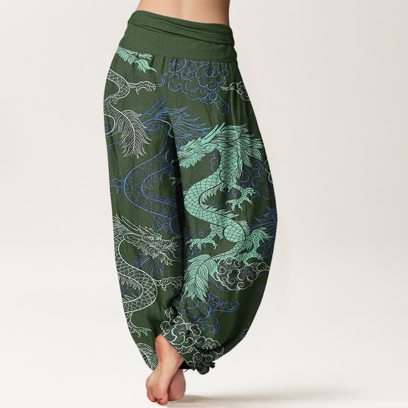 Buddha Stones Pantalones harem de algodón con estampado de dragón azul celeste para mujer con cintura elástica. - image 6