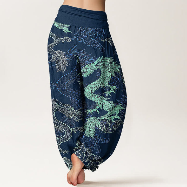 Buddha Stones Pantalones harem de algodón con estampado de dragón azul celeste para mujer con cintura elástica. - image 9