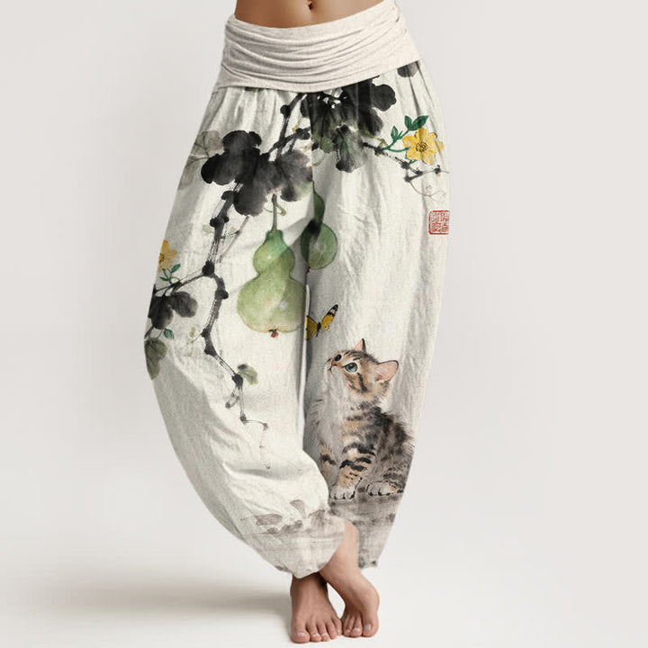 Buddha Stones Pantalones harem de mujer con cintura elástica y estampado de calabaza y gato de Cotton Ink. - Marfil - US16，UK/AU20，EU48 (3XL) - image 0