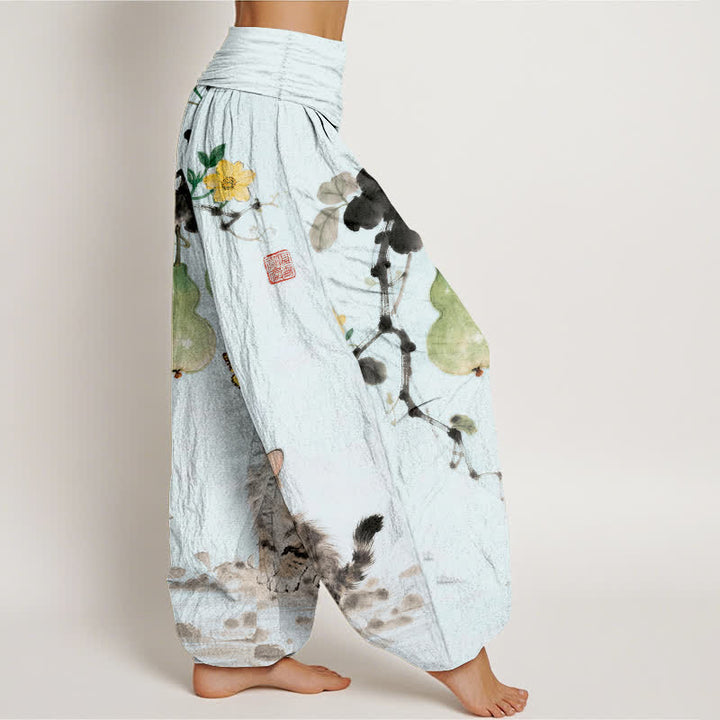 Buddha Stones Pantalones harem de mujer con cintura elástica y estampado de calabaza y gato de Cotton Ink. - image 7