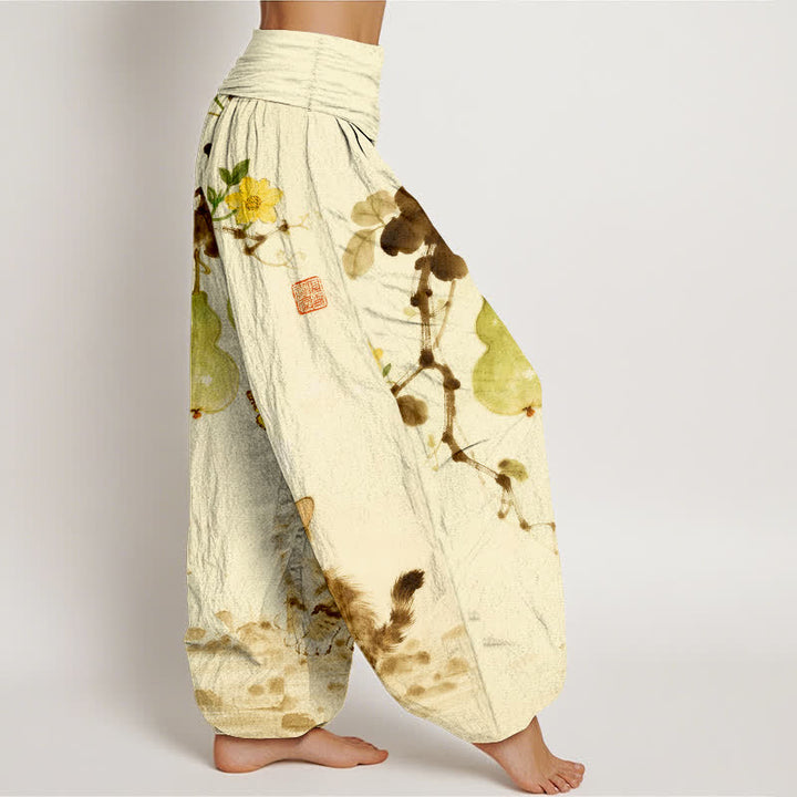 Buddha Stones Pantalones harem de mujer con cintura elástica y estampado de calabaza y gato de Cotton Ink. - image 10