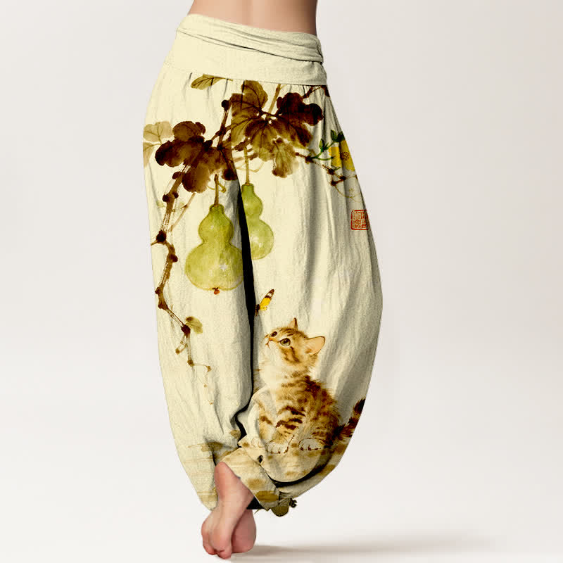 Buddha Stones Pantalones harem de mujer con cintura elástica y estampado de calabaza y gato de Cotton Ink. - image 9