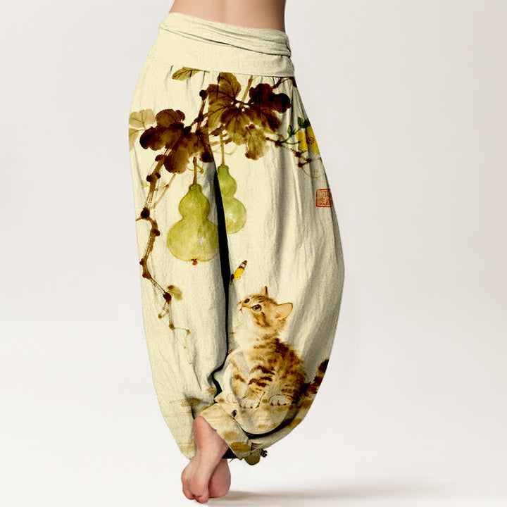 Buddha Stones Pantalones harem de mujer con cintura elástica y estampado de calabaza y gato de Cotton Ink. - image 9