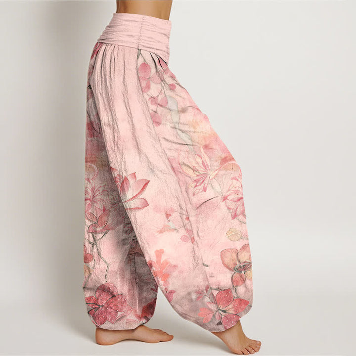 Buddha Stones Pantalones harem de mujer con cintura elástica y estampado de libélulas y flores de loto de algodón. - image 2