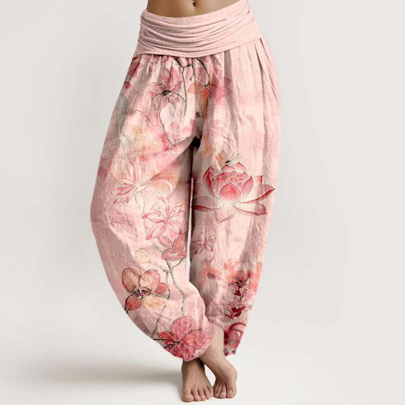 Buddha Stones Pantalones harem de mujer con cintura elástica y estampado de libélulas y flores de loto de algodón. - rosa claro - US16，UK/AU20，EU48 (3XL) - image 0