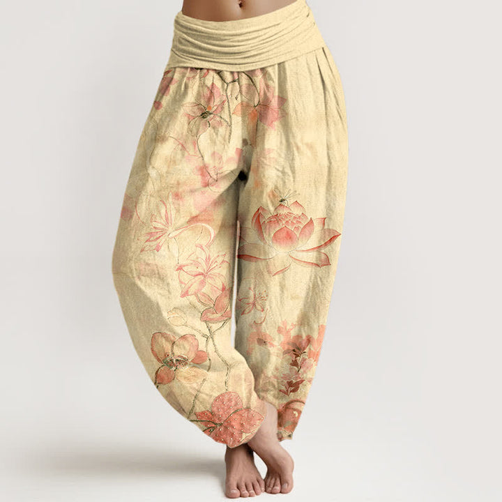 Buddha Stones Pantalones harem de mujer con cintura elástica y estampado de libélulas y flores de loto de algodón. - Chifón de limón - US16，UK/AU20，EU48 (3XL) - image 8