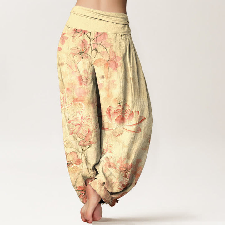 Buddha Stones Pantalones harem de mujer con cintura elástica y estampado de libélulas y flores de loto de algodón. - image 9